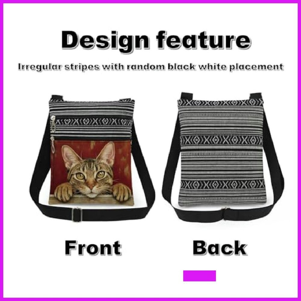 Adjustable Strap Crossbody Bag Minimal Chic Cat Print Dual Compartments - Picture 8 of 8